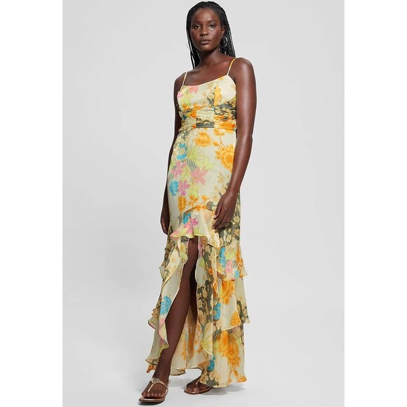 GUESS Women's Sleeveless High-Low Vicky Maxi Dress Floral Print Butter Yellow S - Picture 6 of 16